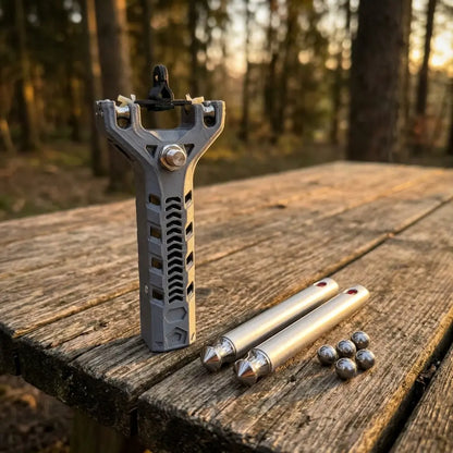 Tirachinas semiautomático y cargadores de acero en mesa de madera al aire libre