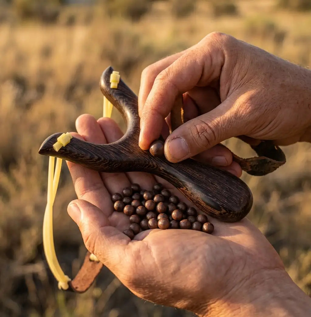 Tirachinas de madera con bolas de arcilla